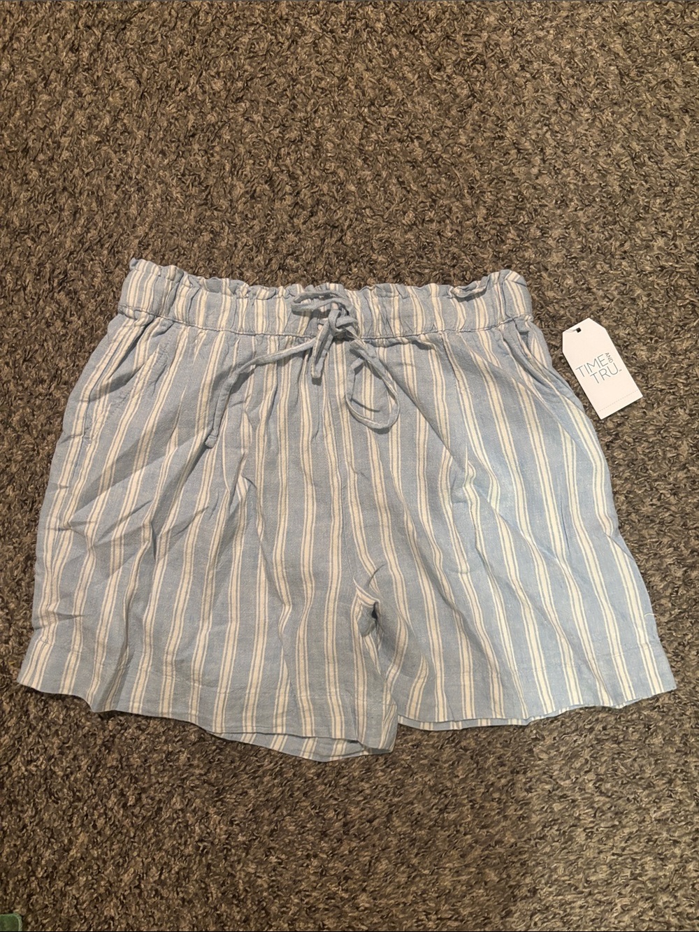 Time and Tru Light Blue and White Striped Women's Drawstring Shorts